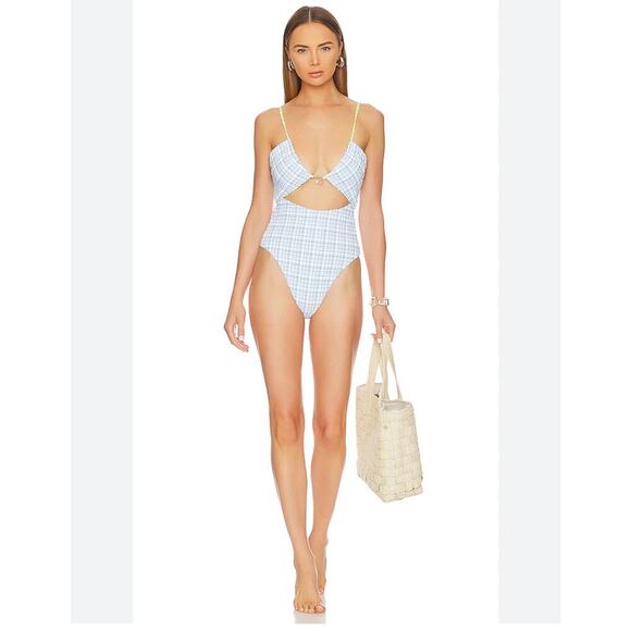 L*Space Seersucker Cut Out One Piece Swimsuit Powder Blue Size S NWT - Picture 1 of 12